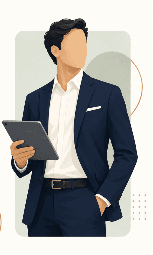 Faceless illustrated advisor holding a tablet