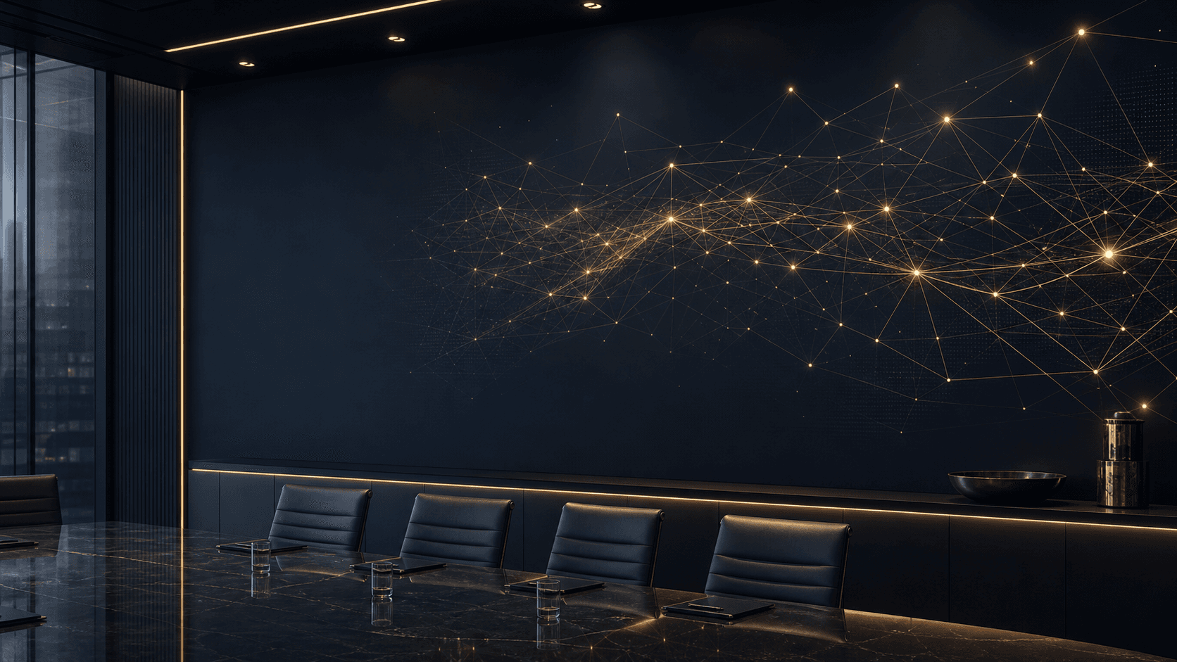 Abstract AI governance network in a premium consulting visual style